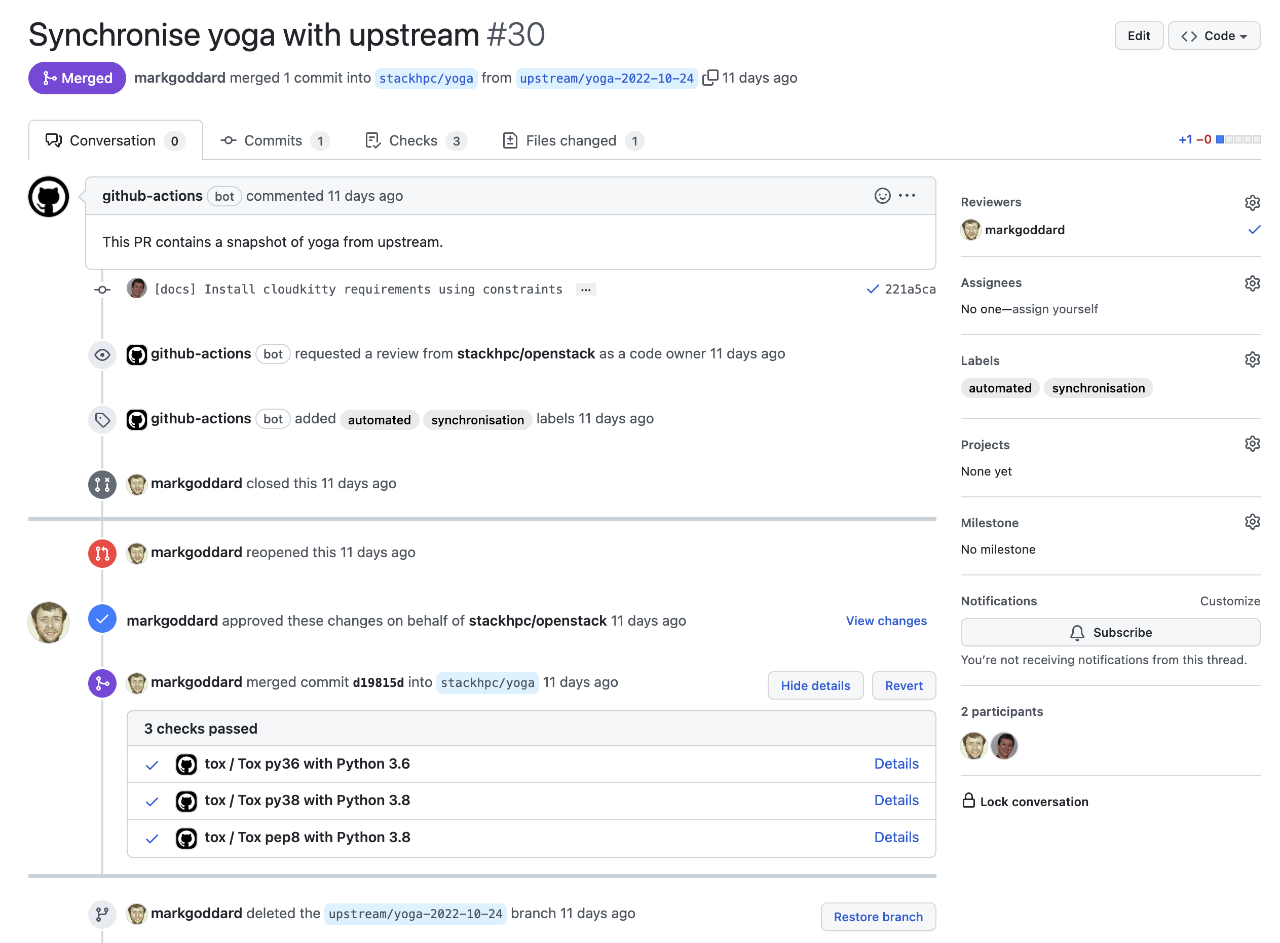 a merged pull request that was opened by a GitHub Workflow and tested by a GitHub Workflow.