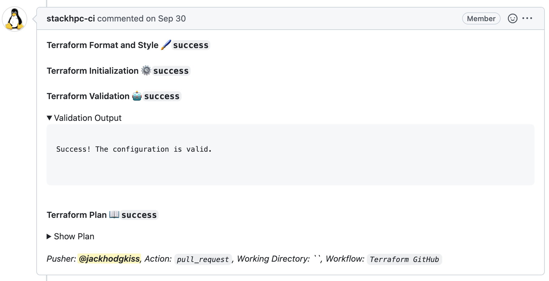 stackhpc-ci bot posts a comment against a PR that impacts Terraform showing if the plan is valid and what changes are proposed.